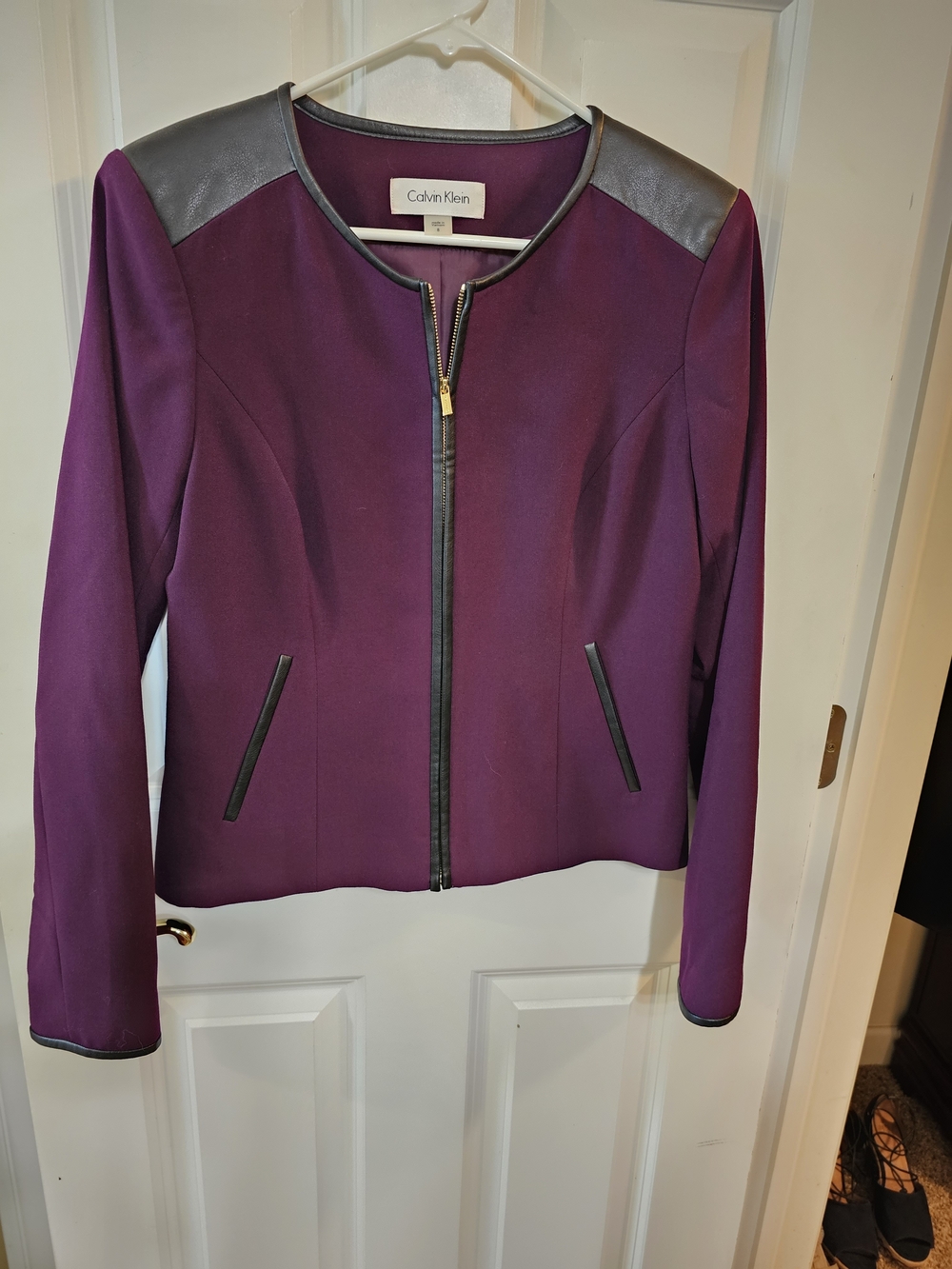 Calvin Klein Women's Purple Zip-Front Blazer with Black Trim Sz 8